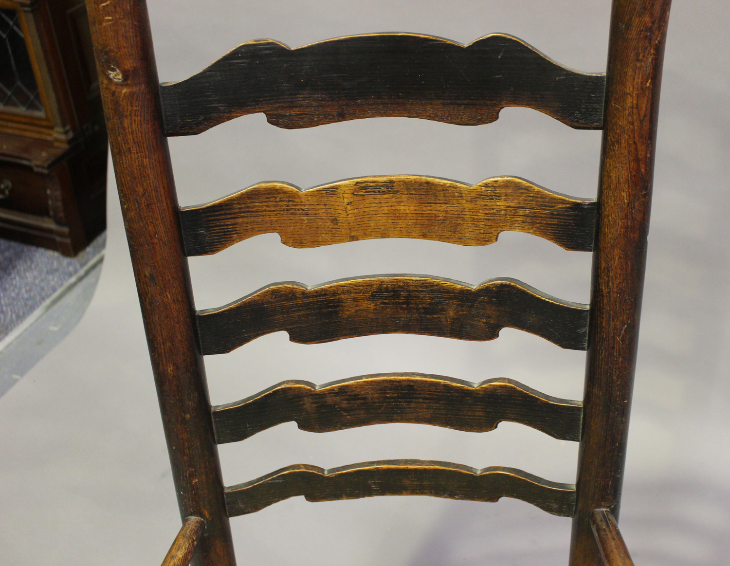 A 19th century ash and yew ladder back elbow chair with rush seat, height 97cm, width 52cm, together - Image 2 of 4