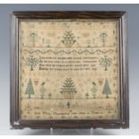 An early Victorian needlework sampler by Ann Webb, dated 1844, finely worked in coloured silks, 30cm