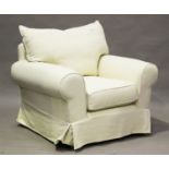 Two modern armchairs by Multiyork, one with cream fabric covers, the other with khaki covers, height
