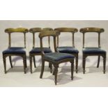A set of nine William IV mahogany bar back dining chairs, carved with acanthus leaves, the padded