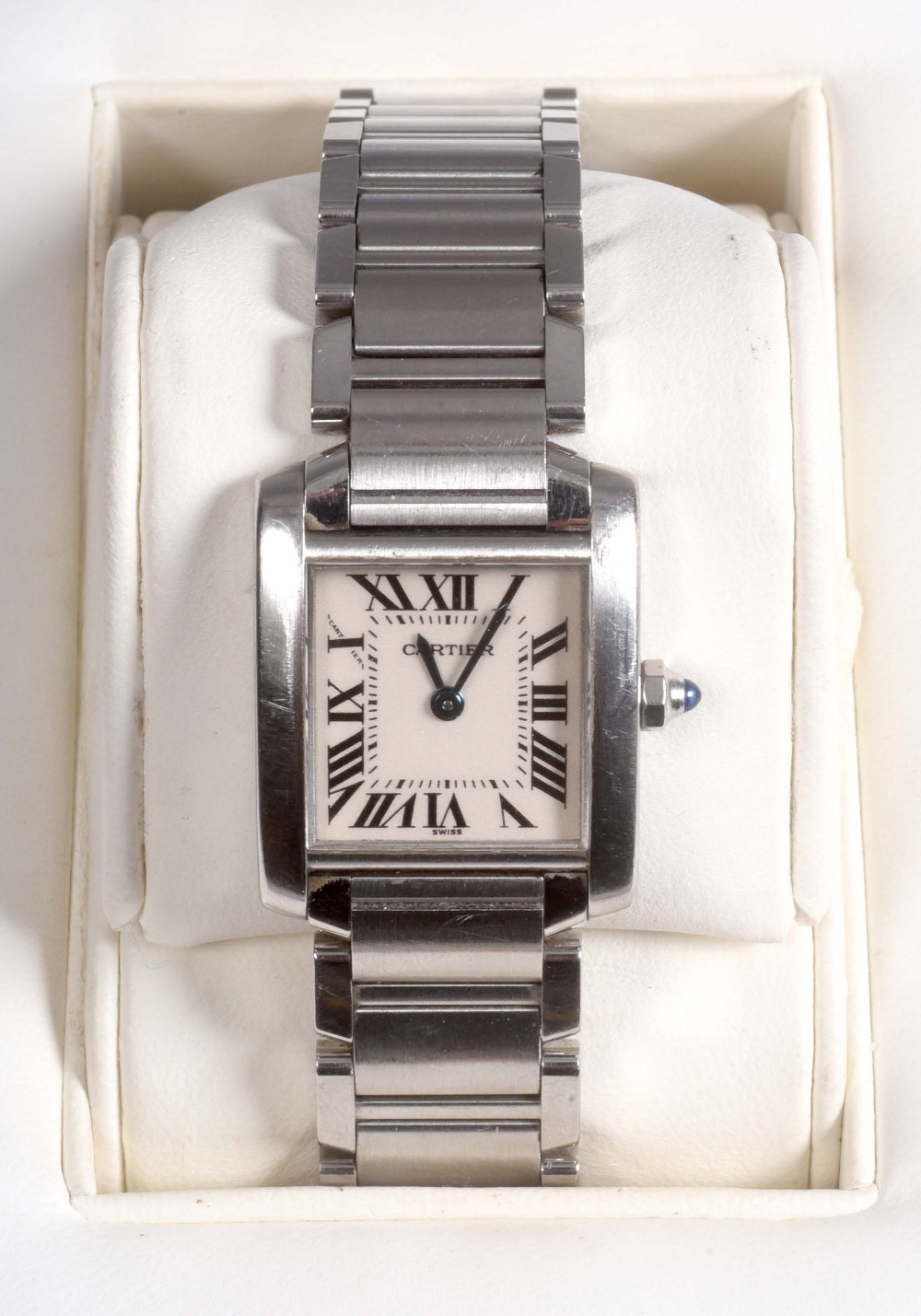 A Cartier ladies steel wrist watch and strap, the square face with Roman numerals chapter ring.