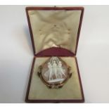 A large cameo brooch mounted in gold in original fitted case. Cameo size appx 2.3 inches high x 1.