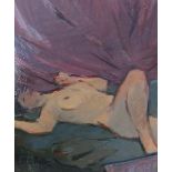 Eric Rolfe '85 - a nude female reclining on a bed, signed and dated, oil on board, framed, 21cm x