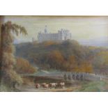 Unsigned 19c - castle on a hilltop in a woodland setting with river, stone bridge and cattle in