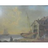 Signed indistinctly - 19c boatyard, oil on board, framed, 17cm x 23cm.