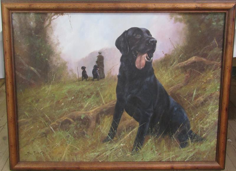 John Trickett - black Labrador seated and awaiting instruction, signed, oil on canvas, framed, - Image 6 of 6