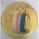 Unsigned 19c - four musical angels on a cloud with gilt sunburst backing, unframed, 21.5cm diam.