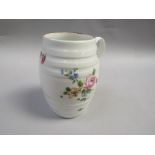 A late 18/early 19c Derby barrel shaped cider tankard painted with flowers,a/f handle, 14cm h.