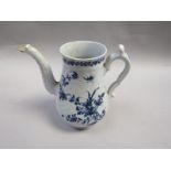 An 18c Worcester coffee pot with fluted mounding and underglaze blue leaf decoration, F mark to