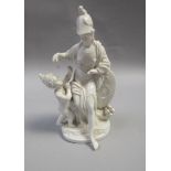 A Meissen white glazed figure of the Goddess Minerva seated and playing with a cherub, in the