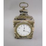 A 19c French marble mantel clock with gilt metal mounts and carrying handle. The white enamel dial