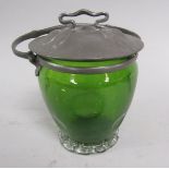 An Art Nouveau Orivits green glass biscuit barrel of dimpled baluster form with a pinched base