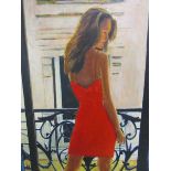 McGill - lady in red dress, unsigned, oil on board, framed, 56cm x 45cm.