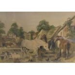 Edward Robert Smythe 1810/1899 - horses feeding in a farmyard amongst other animals and chickens,