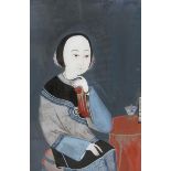 Unsigned - Chinese portrait of a lady seated at a table, gouache, framed and glazed, 51cm x 36cm.