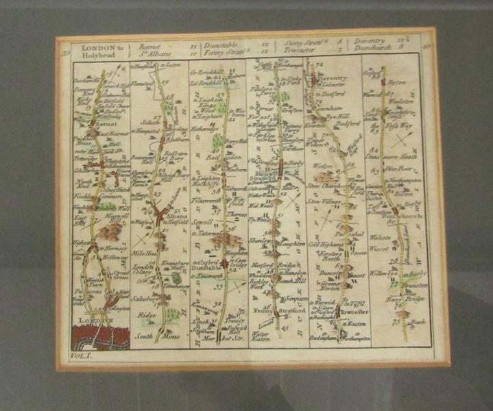 A late 18c/early 19c road map - London to Hollyhead, hand coloured, framed and glazed, 13.5cm x