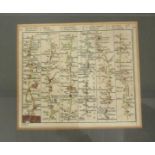 A late 18c/early 19c road map - London to Hollyhead, hand coloured, framed and glazed, 13.5cm x