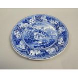 A blue and white plate, British Scenery Series, with cottages, castle and cows in foreground, 25cm