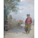 Walter Langley - a sunny day in Holland, signed,watercolour, framed and glazed,original label to