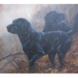 John Trickett - two black Labradors working in the woods, signed, oil on board, framed, 49cm x 60cm.