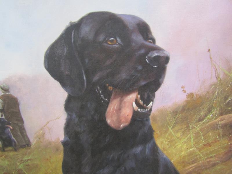 John Trickett - black Labrador seated and awaiting instruction, signed, oil on canvas, framed, - Image 3 of 6