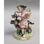 A Derby figure of the Welsh Tailor riding on a goat, a/f, 14cm h.