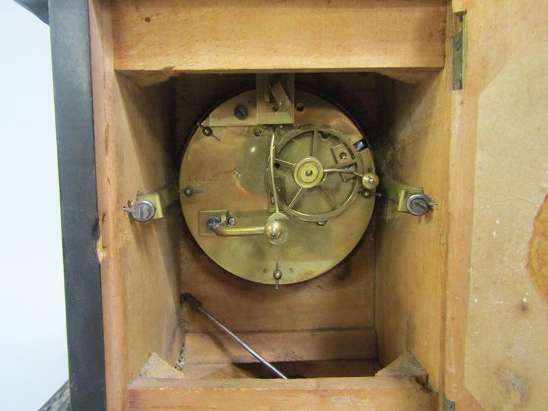 A 19c ebonised mantel clock with figurative pilaster mounts, burr wood crossbanding and inlaid - Image 2 of 3