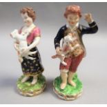 A pair of Derby figures of a boy with his dog and a girl with a lamb, slightly, a/f, 14cm h.