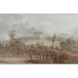 Unsigned 19c - a manse on a hilltop in a pastoral setting with two figures in the foreground,