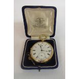 An Edwardian 18ct gold cased pocket watch with white enamel dial, having Roman numerals chapter ring