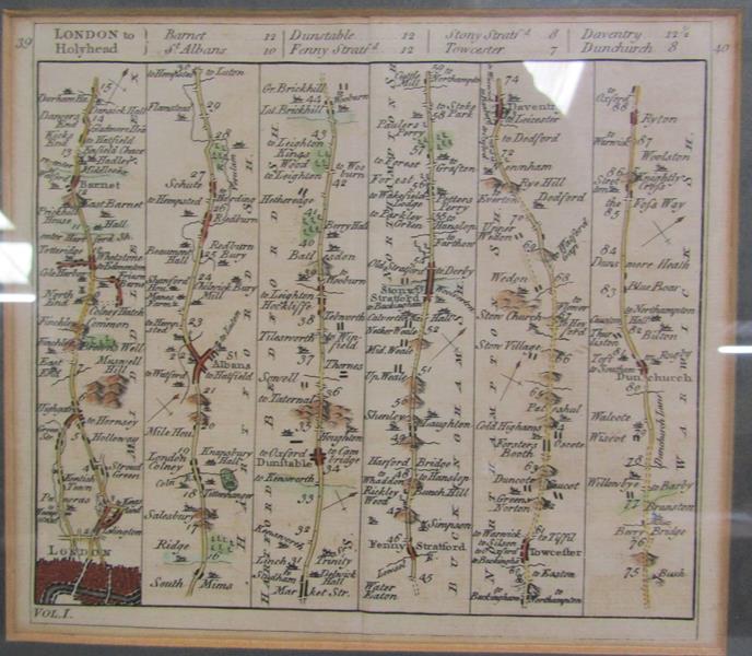 A late 18c/early 19c road map - London to Hollyhead, hand coloured, framed and glazed, 13.5cm x - Image 2 of 4