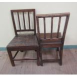 A set of six late 18c/early 19c oak dining chairs with solid seats, square spindled backs with
