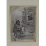 Daniel MacLire 1806/1870 - a monkey serenading a cat, pencil and grey watercolour wash, unsigned,