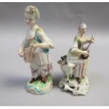 Two Derby figure of ladies playing lutes, both a/f, 14cm h.