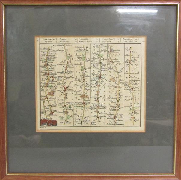 A late 18c/early 19c road map - London to Hollyhead, hand coloured, framed and glazed, 13.5cm x - Image 3 of 4