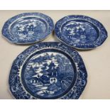 Three early 19c pearlware plates, transfer printed with Oriental scenes, impressed IH, probably