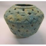 A Persian antique pot pourri type bowl with pierced decoration, blue glazed, a/f, 16cm diam.