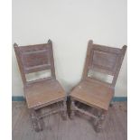 Eight late 19c/early 20c limed oak single chairs with panel back and solid seats, supported on