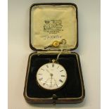 A Davey & Sons of Lewes fusee pocket watch in 18ct gold case with white enamel circular face with
