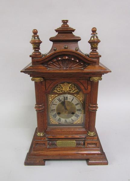 A late Victorian chiming mantel clock for Junghans movement with brass and silvered arched dial, - Image 2 of 6