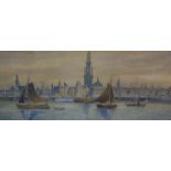 I LeCostin 1918 - a river setting in a town with sail and steam, signed and dated, framed and