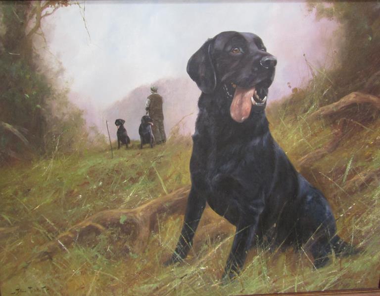 John Trickett - black Labrador seated and awaiting instruction, signed, oil on canvas, framed, - Image 4 of 6