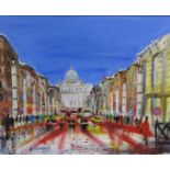 Carol Mountford - Going to the Vatican, signed, acrylic on canvas, framed, 61cm x 76cm.