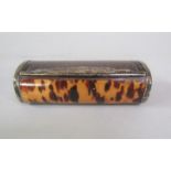 A late 18c tortoiseshell and burr wood table snuff box with silver plated mounts and hinge cover,