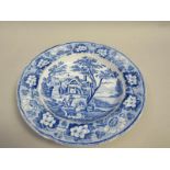 A Davenport soup plate printed with a rustic scene of fisherman and companion bedside a pond in