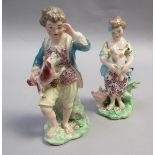 A pair of late 18c Derby figures being a boy with a dog and a girl with a lamb, 13.5cm h.