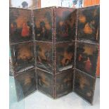 An 18c leather twelve panelled three fold screen, oil painted with scenes of merriment and courtship