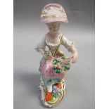 A Derby figure of a young girl seated and holding a basket of flowers, 14cm h.