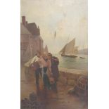 B Davis - a pair, Cornish fishing village with figures on the quayside together with old Cornish