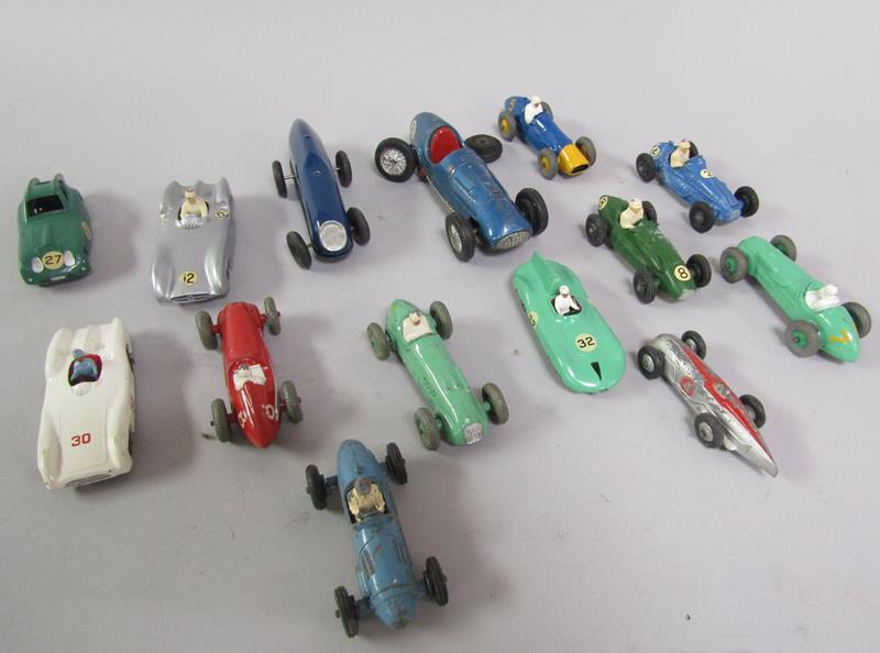 A collection of fourteen early 20c racing cars including eight Dinky's with a Bristol 450, no.163,